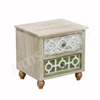 Mid Century Solid Wood Unique distressed finished 2 Drawer Bedside,  Shabby chic Nightstands, New French bedside designs