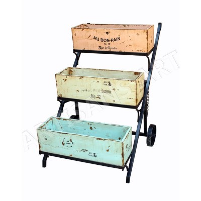 Modern Rustic Custom made Cottage Style 3 Tier Garden Planter on Wheels, Industrial Shabby Chic Wood Metal Garden Planter