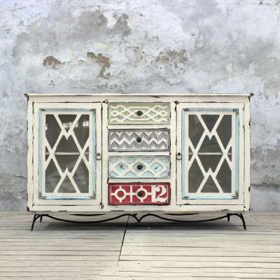 Vintage Antique French Wooden Glass Sideboard, Custom shabby chic Metal Wood Living Room Large Cabinets, New French Collection