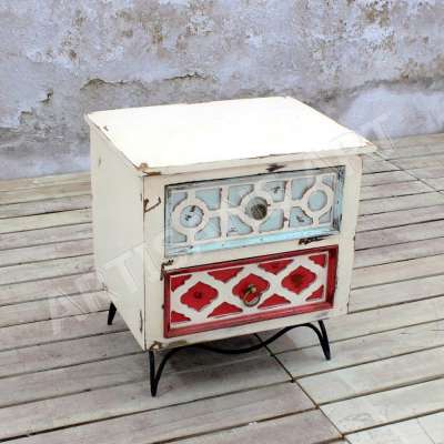 Rustic Antique Metal Wood Painted Shabby chic Bedroom 2 Drawer Nightstand, Vintage Distressed Wood French Style Bedside